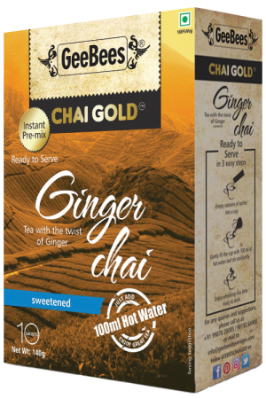 GeeBees Chai Gold Instant Premix Ginger Tea Sweetened, Box of 10 Sachet