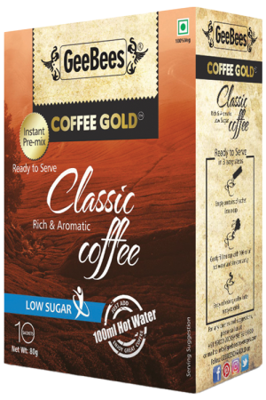 GeeBees Coffee Gold Instant Premix Coffee Low Sugar, Box of 10 Sachet
