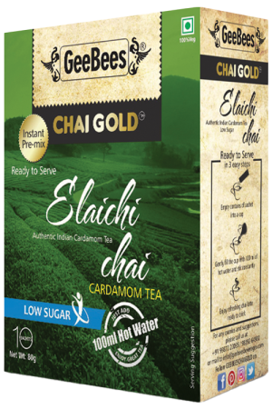 GeeBees Chai Gold Instant Premix Elaichi Tea Low Sugar, Box of 10 Sachet
