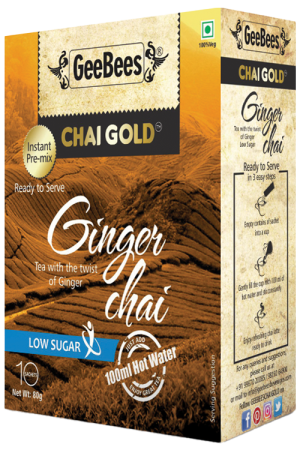 GeeBees Chai Gold Instant Premix Ginger Tea Low Sugar, Box of 10 Sachet