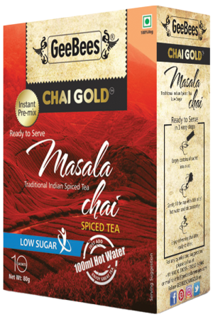 Geebees Chai Gold Instant Premix Masala Tea Low Sugar, Box of 10 Sachet